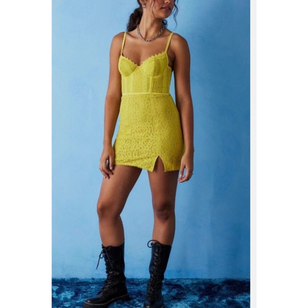 Urban Outfitters Yellow Mini Dress Bustier Top Lace Overlay Small NWT Edgy